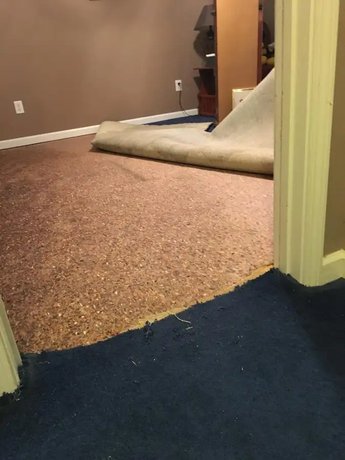 Carpet pad removal revealing water damage during Water Mitigation Services in Rancho Calaveras