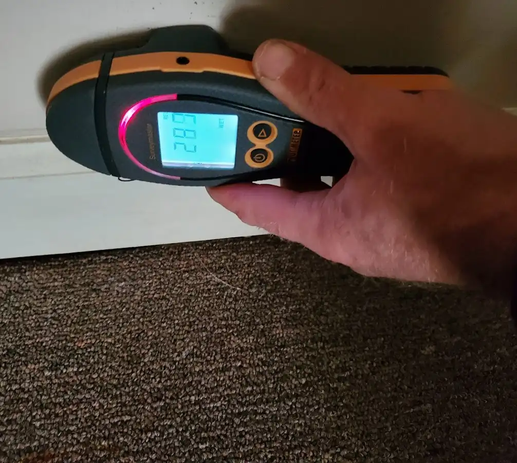Moisture detection at baseboard during Storm Damage Restoration in Rancho Calaveras